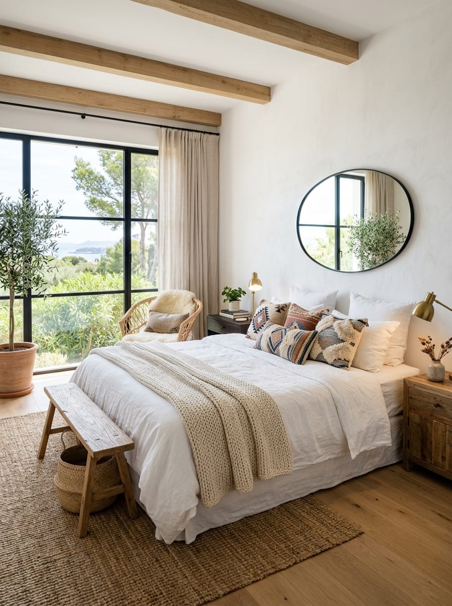 Bright hotel bedroom with a made bed and soft daylight