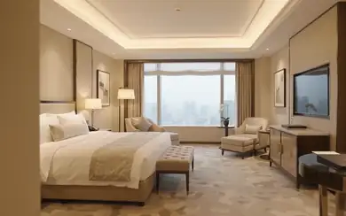 Hotel bedroom with a made bed